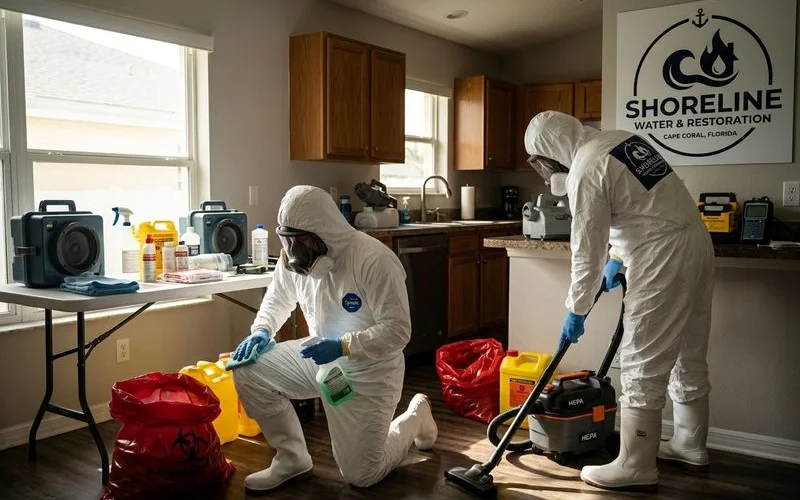 Biohazard cleanup technician in full protective equipment