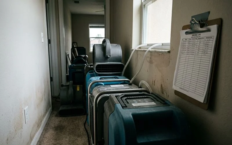 Dehumidifiers and air movers deployed during water mitigation