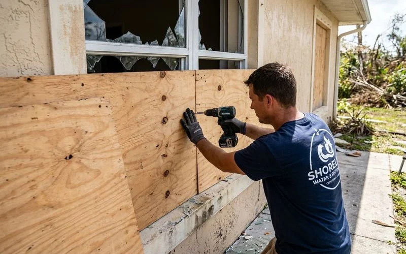 Emergency board-up with plywood panels on storm-damaged windows