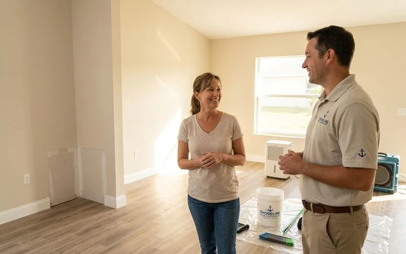 Restored room after burst pipe cleanup and reconstruction