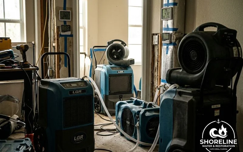 Structural drying equipment in operation after flood cleanup