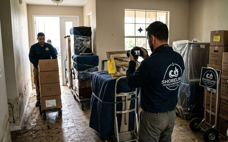 Contents pack-out team inventorying and packing belongings