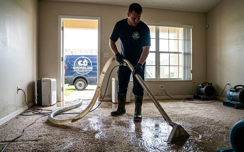Truck-mounted extraction equipment removing water from flooded home