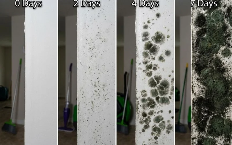 Mold growth progression on water-damaged drywall over 7 days