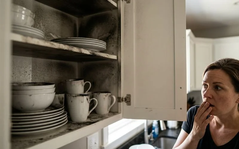 Smoke residue found inside closed kitchen cabinet after fire