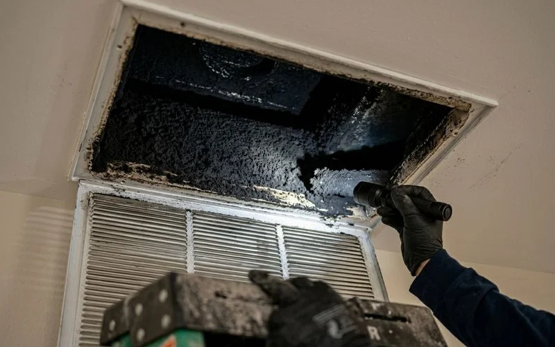 Smoke residue inside HVAC ductwork after fire damage