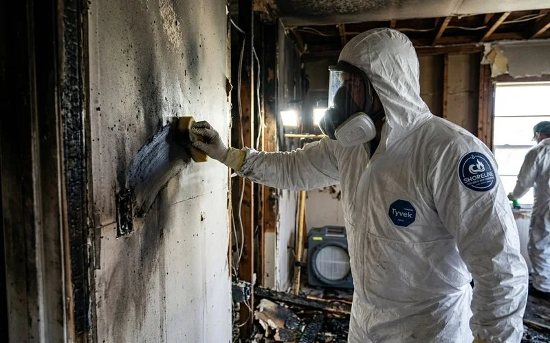 Fire damage assessment and soot cleaning in progress