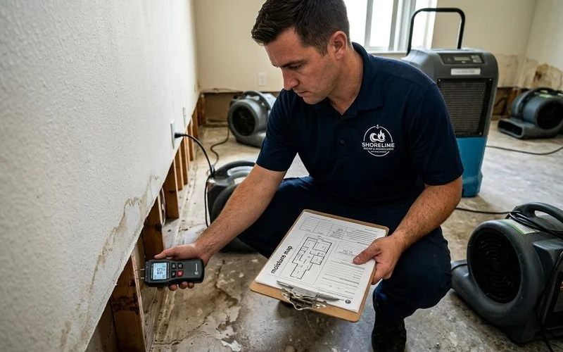 Moisture readings being taken after water extraction